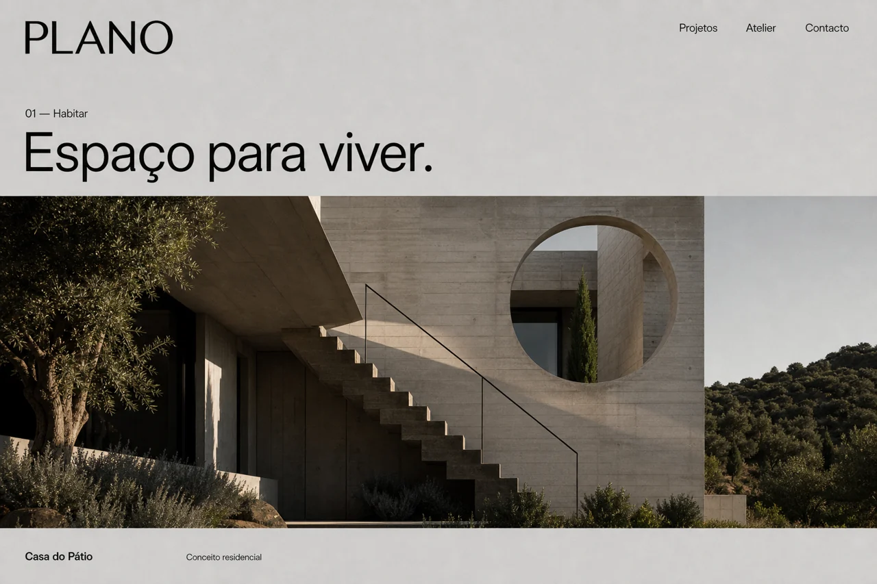 Conceito de atelier de arquitetura: casa de betão com abertura circular e título Espaço para viver.