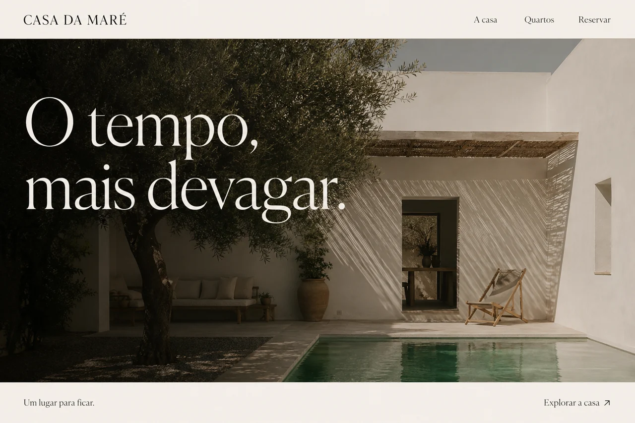 Conceito de hotel boutique: pátio português com piscina, título O tempo, mais devagar.